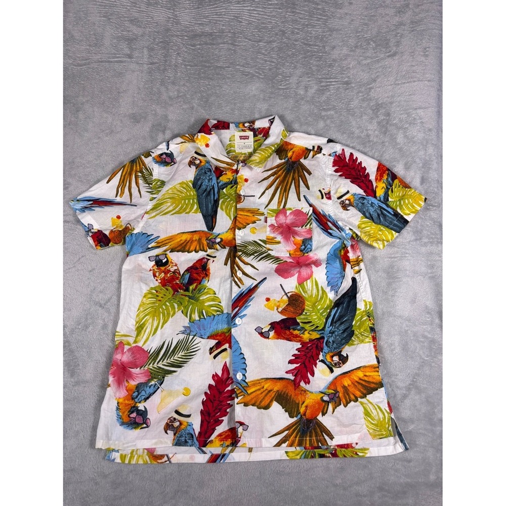 Levi's Mens tropical parrot aloha button-up Shirt parrots, hibiscus flowers